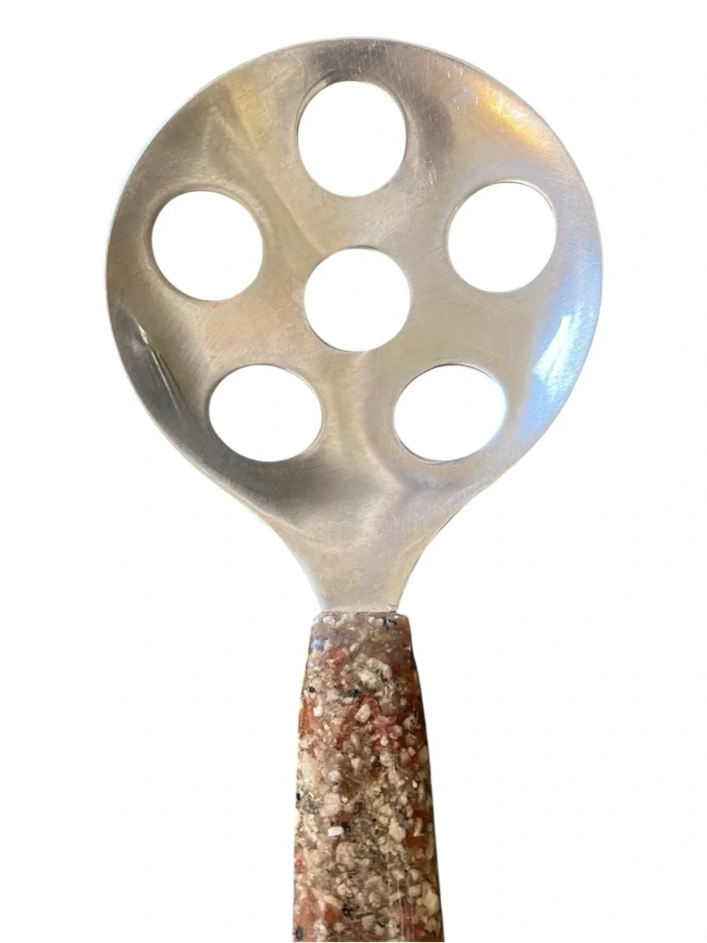 Unique vintage style kitchen tool, slotted spoon, resin? Handle